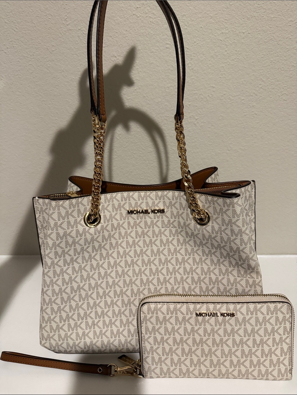 Michael Kors Beige Vanilla Logo Tote with Matching Wristlet